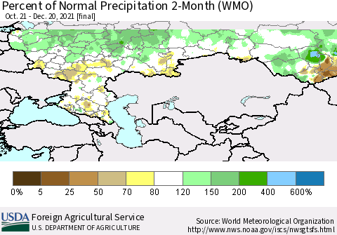 Russian Federation Percent of Normal Precipitation 2-Month (WMO) Thematic Map For 10/21/2021 - 12/20/2021