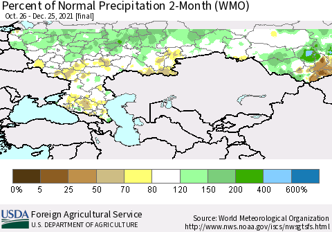 Russian Federation Percent of Normal Precipitation 2-Month (WMO) Thematic Map For 10/26/2021 - 12/25/2021
