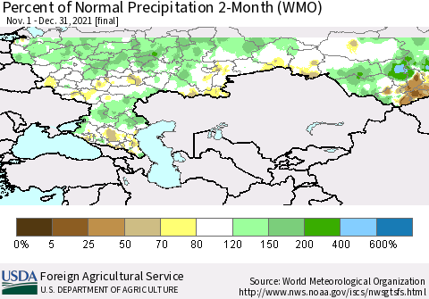Russian Federation Percent of Normal Precipitation 2-Month (WMO) Thematic Map For 11/1/2021 - 12/31/2021