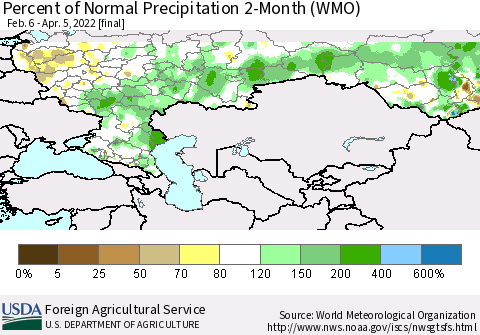 Russian Federation Percent of Normal Precipitation 2-Month (WMO) Thematic Map For 2/6/2022 - 4/5/2022
