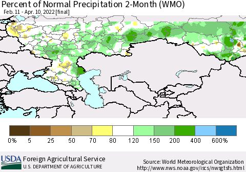Russian Federation Percent of Normal Precipitation 2-Month (WMO) Thematic Map For 2/11/2022 - 4/10/2022