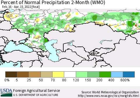 Russian Federation Percent of Normal Precipitation 2-Month (WMO) Thematic Map For 2/16/2022 - 4/15/2022