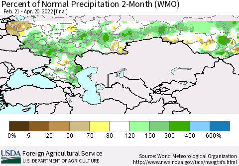 Russian Federation Percent of Normal Precipitation 2-Month (WMO) Thematic Map For 2/21/2022 - 4/20/2022