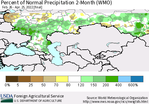 Russian Federation Percent of Normal Precipitation 2-Month (WMO) Thematic Map For 2/26/2022 - 4/25/2022