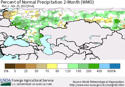 Russian Federation Percent of Normal Precipitation 2-Month (WMO) Thematic Map For 3/1/2022 - 4/30/2022