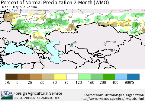 Russian Federation Percent of Normal Precipitation 2-Month (WMO) Thematic Map For 3/6/2022 - 5/5/2022