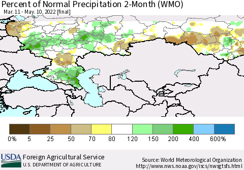 Russian Federation Percent of Normal Precipitation 2-Month (WMO) Thematic Map For 3/11/2022 - 5/10/2022
