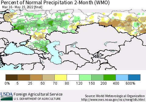 Russian Federation Percent of Normal Precipitation 2-Month (WMO) Thematic Map For 3/16/2022 - 5/15/2022