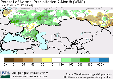Russian Federation Percent of Normal Precipitation 2-Month (WMO) Thematic Map For 3/21/2022 - 5/20/2022