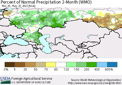 Russian Federation Percent of Normal Precipitation 2-Month (WMO) Thematic Map For 3/26/2022 - 5/25/2022