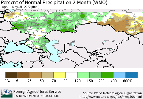 Russian Federation Percent of Normal Precipitation 2-Month (WMO) Thematic Map For 4/1/2022 - 5/31/2022