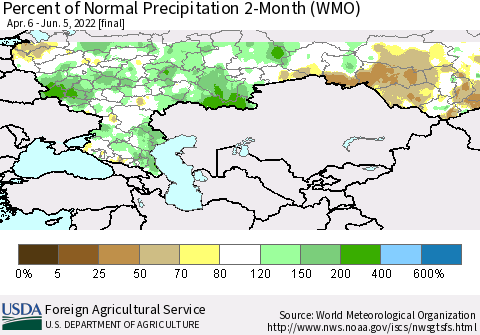 Russian Federation Percent of Normal Precipitation 2-Month (WMO) Thematic Map For 4/6/2022 - 6/5/2022