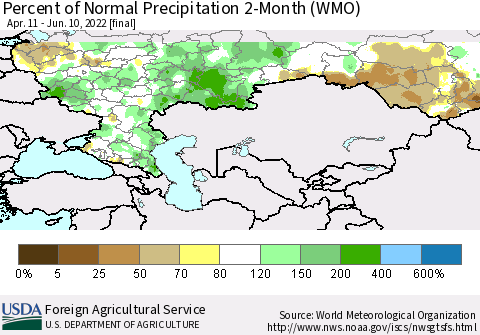 Russian Federation Percent of Normal Precipitation 2-Month (WMO) Thematic Map For 4/11/2022 - 6/10/2022