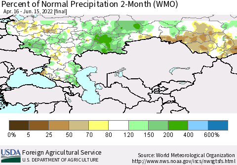 Russian Federation Percent of Normal Precipitation 2-Month (WMO) Thematic Map For 4/16/2022 - 6/15/2022
