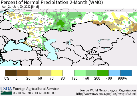 Russian Federation Percent of Normal Precipitation 2-Month (WMO) Thematic Map For 4/21/2022 - 6/20/2022