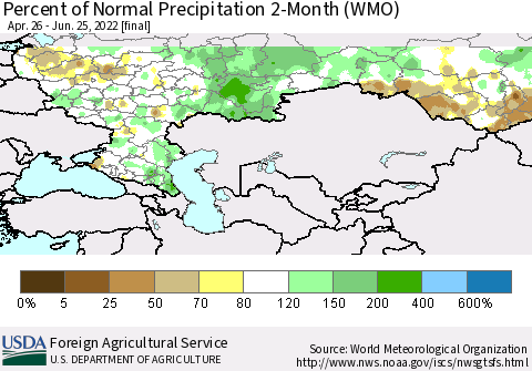 Russian Federation Percent of Normal Precipitation 2-Month (WMO) Thematic Map For 4/26/2022 - 6/25/2022