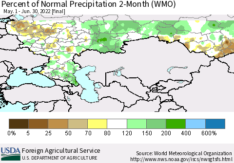 Russian Federation Percent of Normal Precipitation 2-Month (WMO) Thematic Map For 5/1/2022 - 6/30/2022
