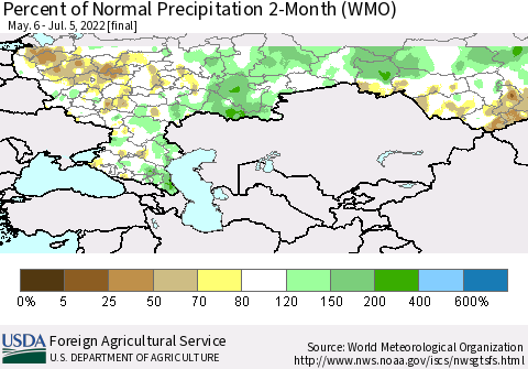 Russian Federation Percent of Normal Precipitation 2-Month (WMO) Thematic Map For 5/6/2022 - 7/5/2022