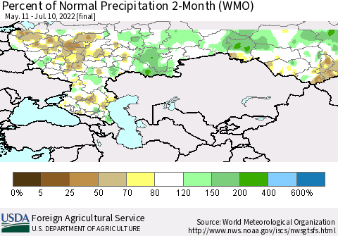 Russian Federation Percent of Normal Precipitation 2-Month (WMO) Thematic Map For 5/11/2022 - 7/10/2022