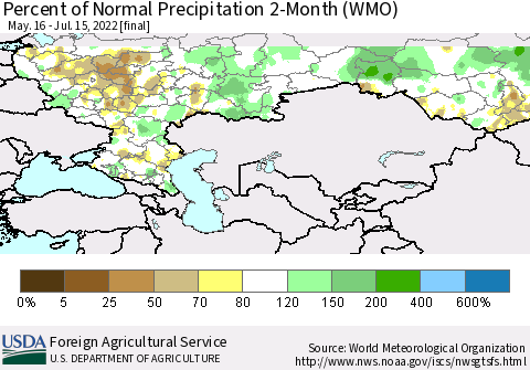 Russian Federation Percent of Normal Precipitation 2-Month (WMO) Thematic Map For 5/16/2022 - 7/15/2022