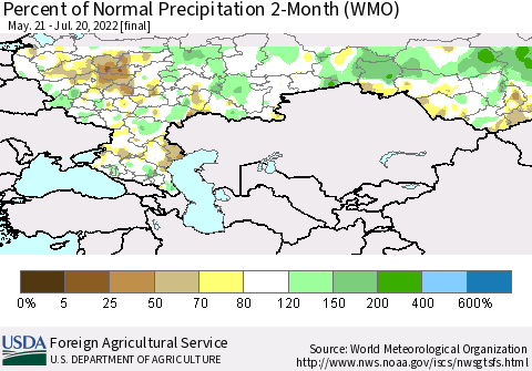 Russian Federation Percent of Normal Precipitation 2-Month (WMO) Thematic Map For 5/21/2022 - 7/20/2022