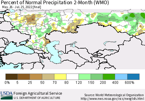 Russian Federation Percent of Normal Precipitation 2-Month (WMO) Thematic Map For 5/26/2022 - 7/25/2022