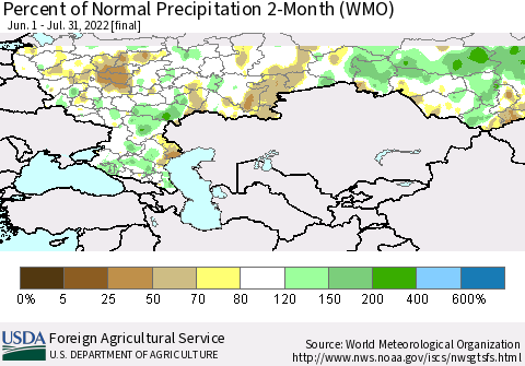 Russian Federation Percent of Normal Precipitation 2-Month (WMO) Thematic Map For 6/1/2022 - 7/31/2022