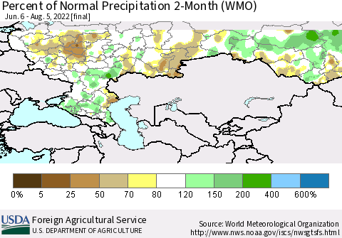 Russian Federation Percent of Normal Precipitation 2-Month (WMO) Thematic Map For 6/6/2022 - 8/5/2022