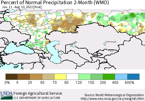 Russian Federation Percent of Normal Precipitation 2-Month (WMO) Thematic Map For 6/11/2022 - 8/10/2022