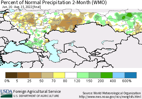 Russian Federation Percent of Normal Precipitation 2-Month (WMO) Thematic Map For 6/16/2022 - 8/15/2022