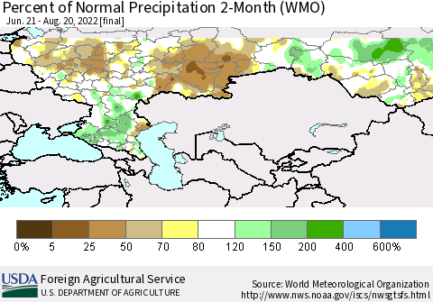Russian Federation Percent of Normal Precipitation 2-Month (WMO) Thematic Map For 6/21/2022 - 8/20/2022