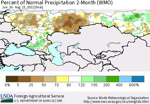 Russian Federation Percent of Normal Precipitation 2-Month (WMO) Thematic Map For 6/26/2022 - 8/25/2022