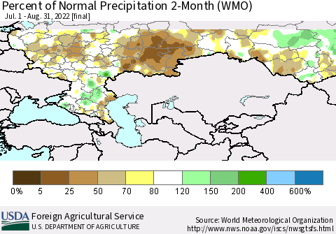 Russian Federation Percent of Normal Precipitation 2-Month (WMO) Thematic Map For 7/1/2022 - 8/31/2022
