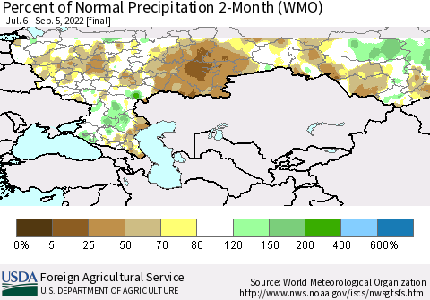 Russian Federation Percent of Normal Precipitation 2-Month (WMO) Thematic Map For 7/6/2022 - 9/5/2022