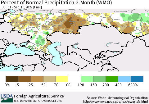 Russian Federation Percent of Normal Precipitation 2-Month (WMO) Thematic Map For 7/11/2022 - 9/10/2022