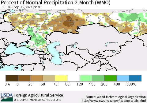 Russian Federation Percent of Normal Precipitation 2-Month (WMO) Thematic Map For 7/16/2022 - 9/15/2022