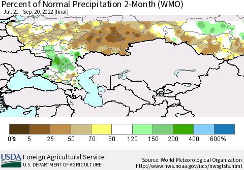 Russian Federation Percent of Normal Precipitation 2-Month (WMO) Thematic Map For 7/21/2022 - 9/20/2022