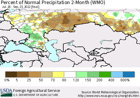 Russian Federation Percent of Normal Precipitation 2-Month (WMO) Thematic Map For 7/26/2022 - 9/25/2022