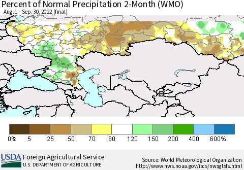 Russian Federation Percent of Normal Precipitation 2-Month (WMO) Thematic Map For 8/1/2022 - 9/30/2022