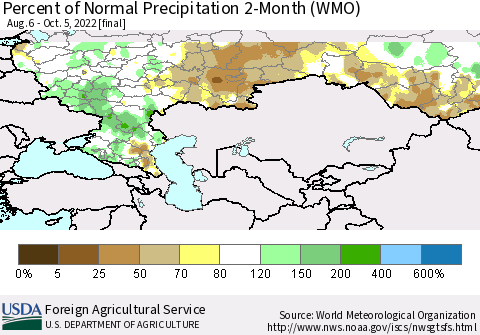 Russian Federation Percent of Normal Precipitation 2-Month (WMO) Thematic Map For 8/6/2022 - 10/5/2022