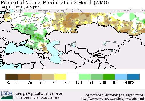 Russian Federation Percent of Normal Precipitation 2-Month (WMO) Thematic Map For 8/11/2022 - 10/10/2022