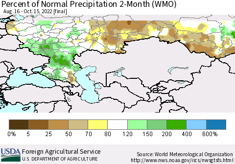 Russian Federation Percent of Normal Precipitation 2-Month (WMO) Thematic Map For 8/16/2022 - 10/15/2022