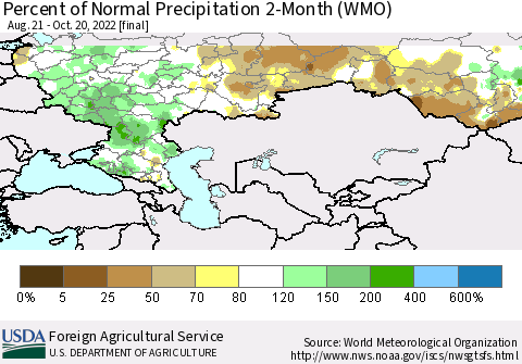 Russian Federation Percent of Normal Precipitation 2-Month (WMO) Thematic Map For 8/21/2022 - 10/20/2022