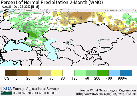 Russian Federation Percent of Normal Precipitation 2-Month (WMO) Thematic Map For 8/26/2022 - 10/25/2022