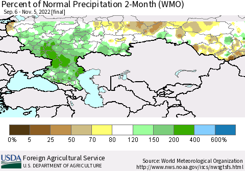 Russian Federation Percent of Normal Precipitation 2-Month (WMO) Thematic Map For 9/6/2022 - 11/5/2022