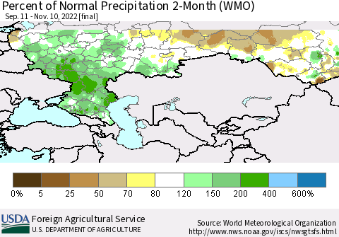 Russian Federation Percent of Normal Precipitation 2-Month (WMO) Thematic Map For 9/11/2022 - 11/10/2022