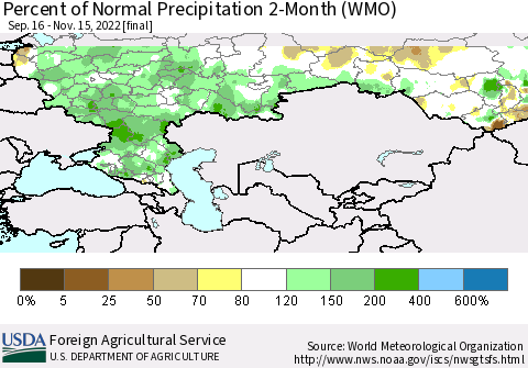 Russian Federation Percent of Normal Precipitation 2-Month (WMO) Thematic Map For 9/16/2022 - 11/15/2022