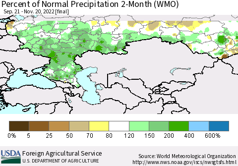 Russian Federation Percent of Normal Precipitation 2-Month (WMO) Thematic Map For 9/21/2022 - 11/20/2022