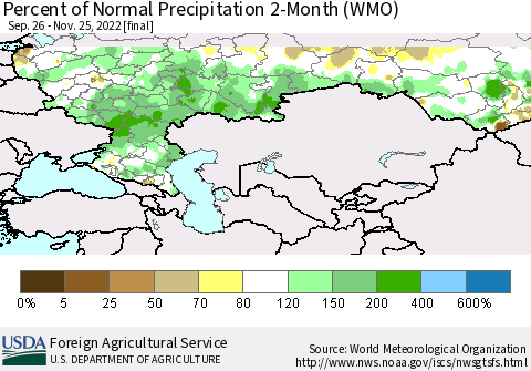 Russian Federation Percent of Normal Precipitation 2-Month (WMO) Thematic Map For 9/26/2022 - 11/25/2022