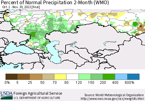 Russian Federation Percent of Normal Precipitation 2-Month (WMO) Thematic Map For 10/1/2022 - 11/30/2022